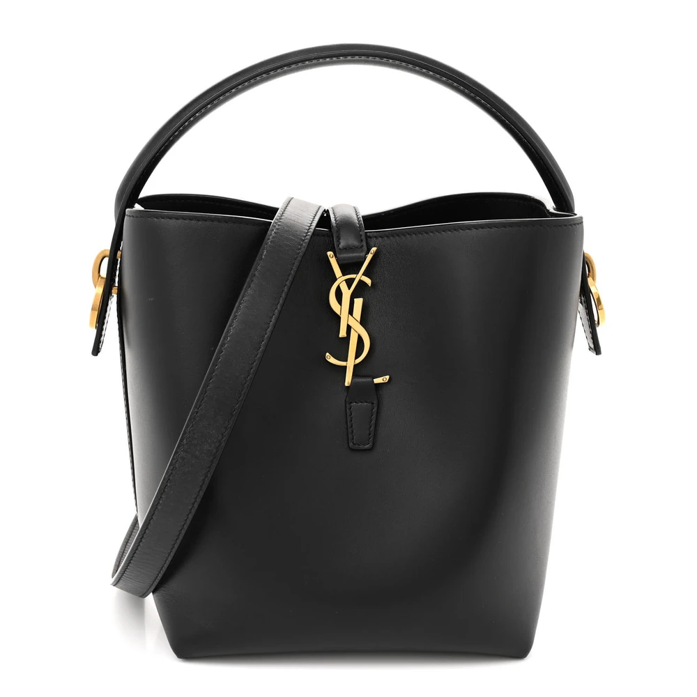 Saint Laurent Bolsa Bucket Le 37 Média em Couro Bezerro Brilhante Preto com Hardware Dourado