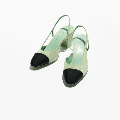 Chanel, light green, silver and black, suede sheepskin and satin, Rear lace up high heels High Heels Sandal