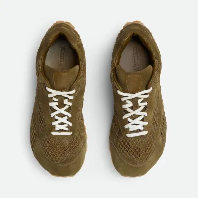 Bottega Veneta Orbit Flash Sneakers In Olive Weathered Suede Leather And Mesh Lace-Up Sneaker