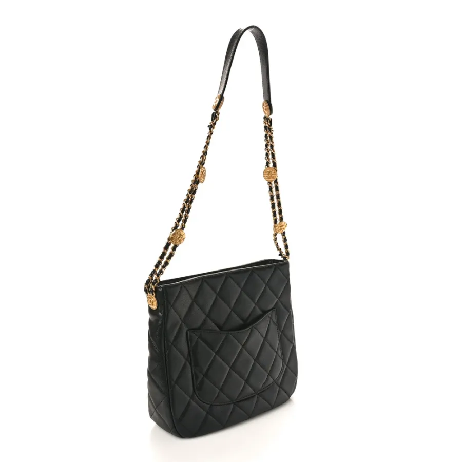 Chanel Twist Your Buttons Hobo Medium Black Quilted Caviar Leather Aged Gold Hardware