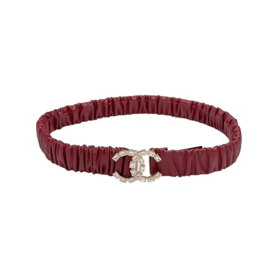 Chanel Women's CC Crystal Buckle Elastic Belt In Champagne Gold/Beige/Black/Red/Silver/Ivory/White Lambskin With Gold/Silver Hardware 30mm