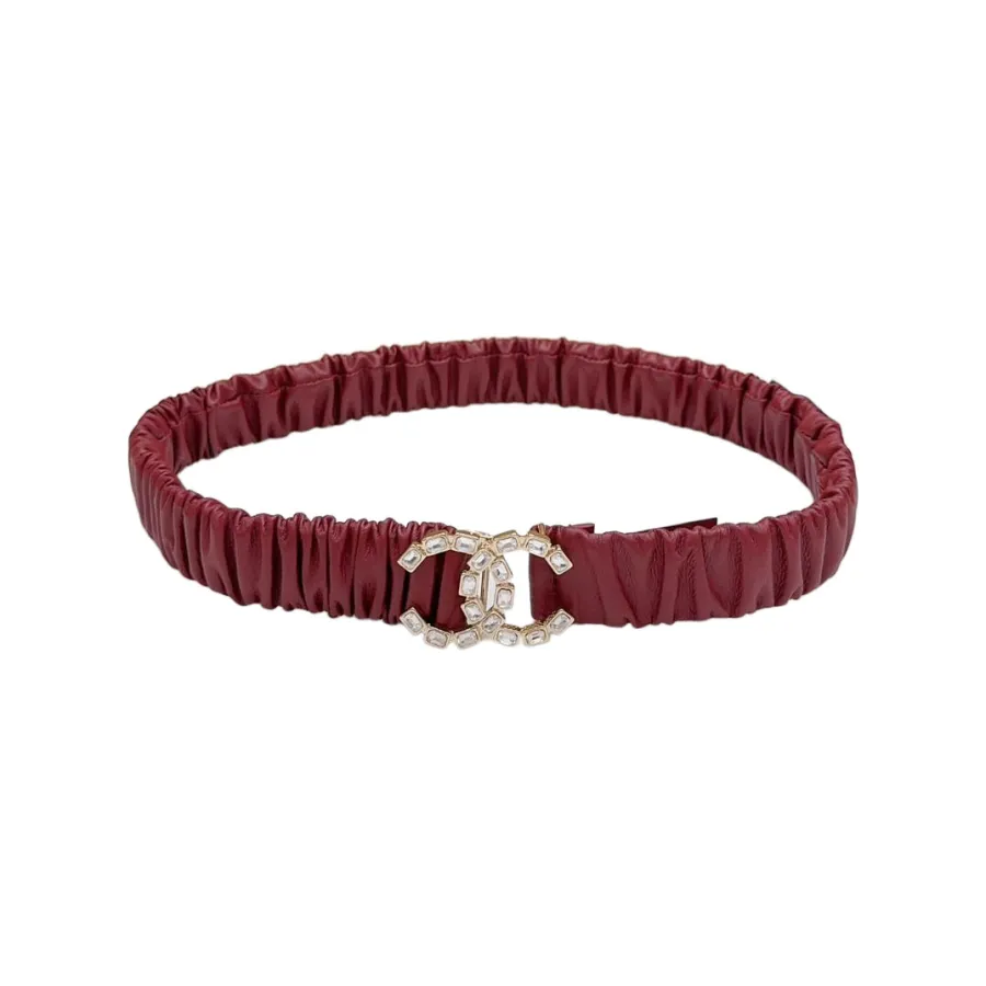 Chanel Women's CC Crystal Buckle Elastic Belt In Champagne Gold/Beige/Black/Red/Silver/Ivory/White Lambskin With Gold/Silver Hardware 30mm