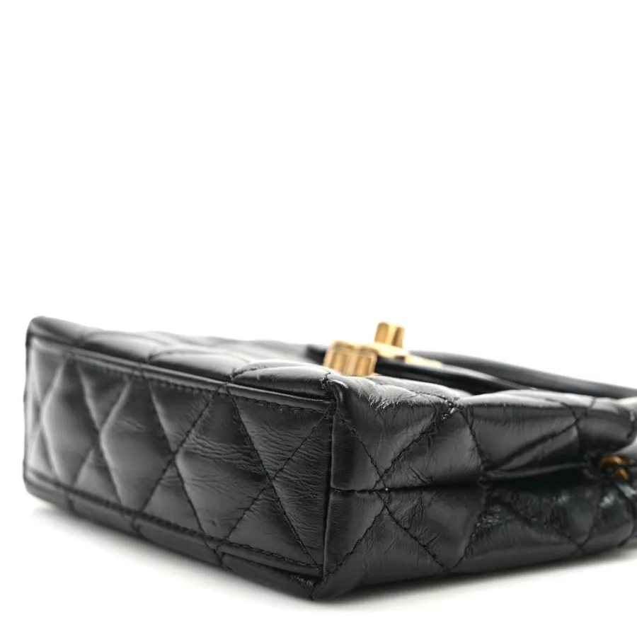 Chanel Kelly Shopper Nano Black Quilted Shiny Aged Calfskin Leather Gold Hardware - BAGS
