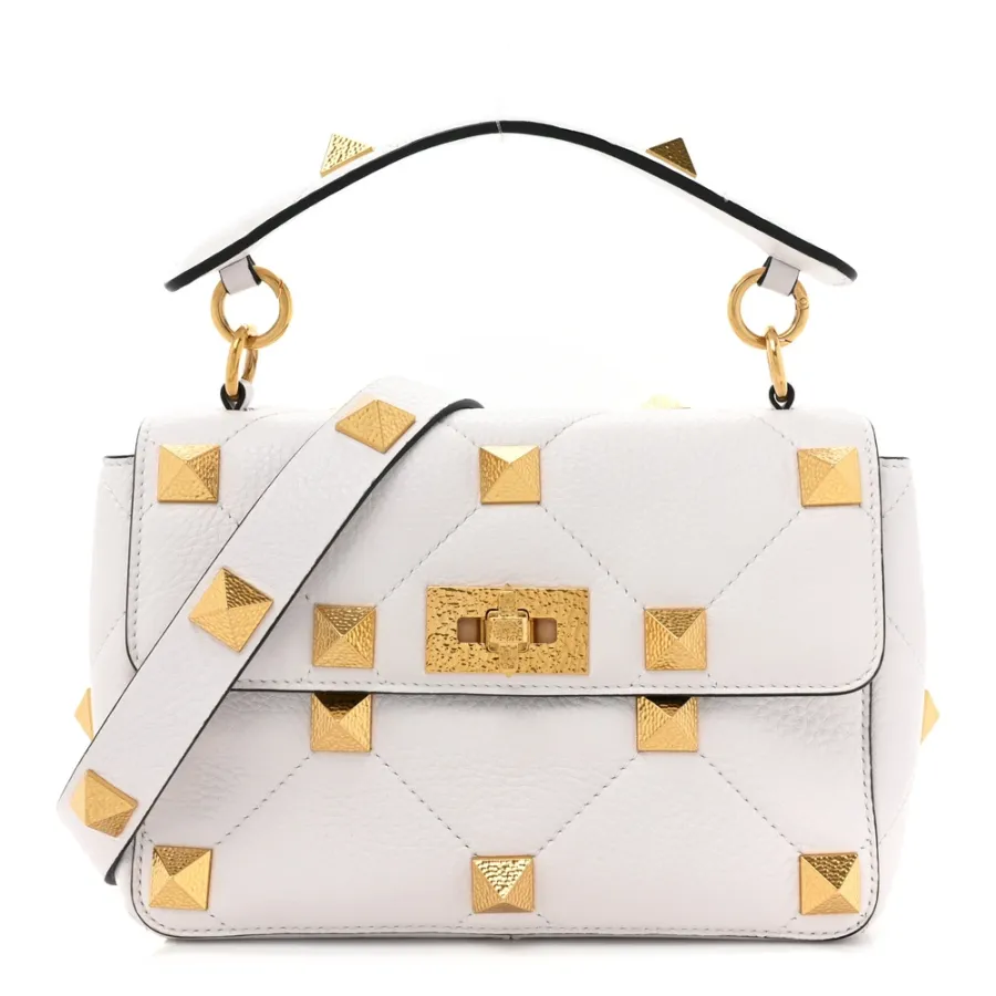 Valentino Garavani Medium Roman Stud Shoulder Bag Ivory Grained Calfskin Leather Light Gold Hardware