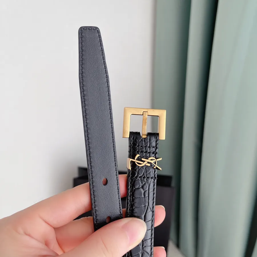 Saint Laurent Cassandre Belt In Black Crocodile-Embossed Calfskin With Gold/Silver/Black Hardware 20mm