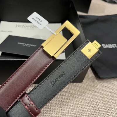 Saint Laurent Charniere Buckle Belt In Black/Burgundy Smooth Calfskin With Gold Hardware 30mm