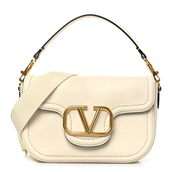 Valentino Garavani Small VLogo Top Handle Shoulder Bag Ivory Pebbled Calfskin Leather Incognito Hardware