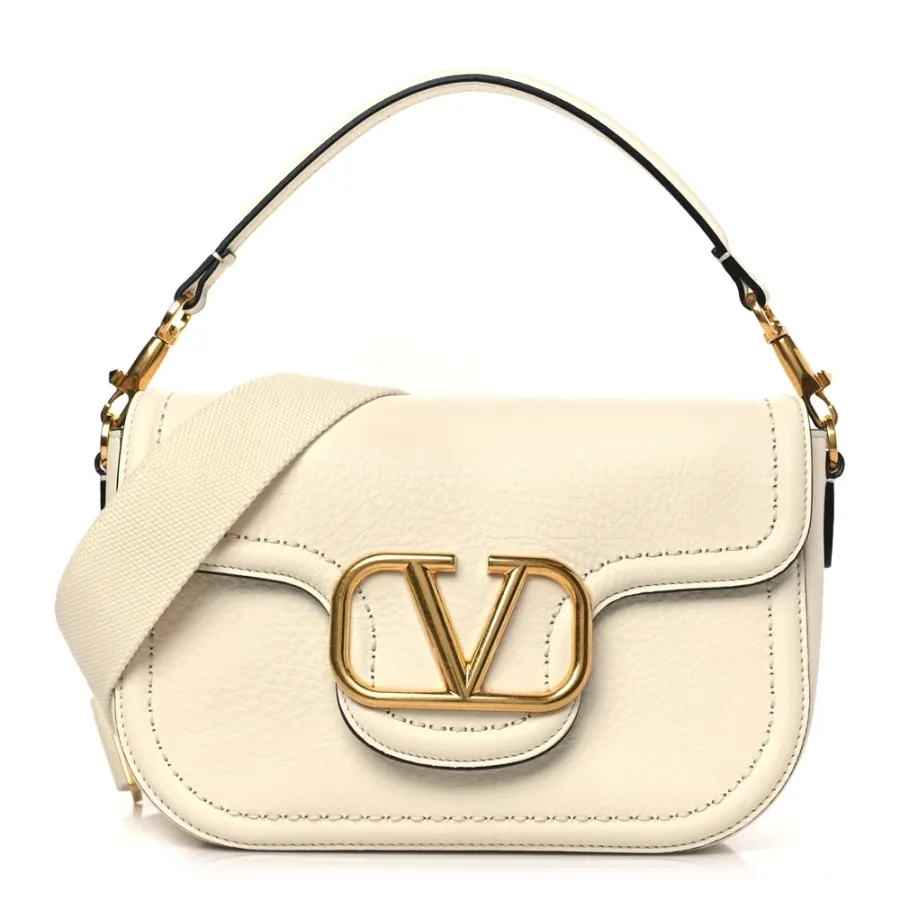 Valentino Garavani Small VLogo Top Handle Shoulder Bag Ivory Pebbled Calfskin Leather Incognito Hardware