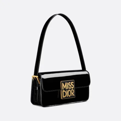 Dior Miss Dior Flap Bag In Black Patent Calfskin With Gold Hardware