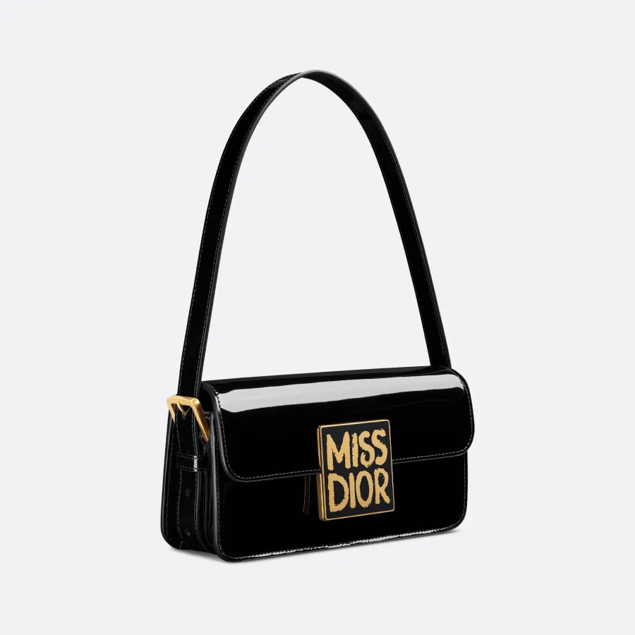 Dior Miss Dior Flap Bag In Black Patent Calfskin With Gold Hardware
