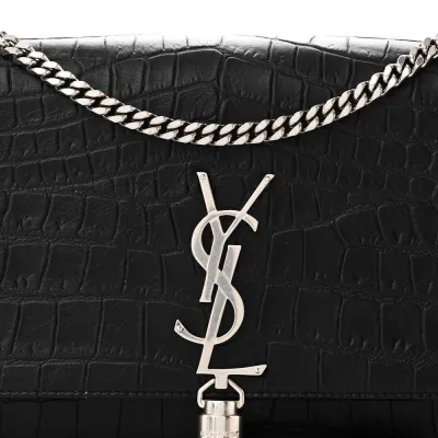 Saint Laurent Medium Kate Tassel Satchel Black Embossed Classic Monogram Calfskin & Crocodile Leather Silver Hardware
