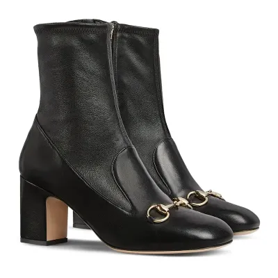 Gucci black square headed horse buckle high heels ankle boots