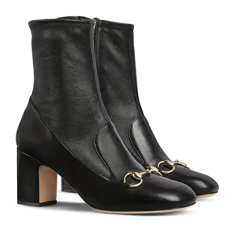 Gucci black square headed horse buckle high heels ankle boots