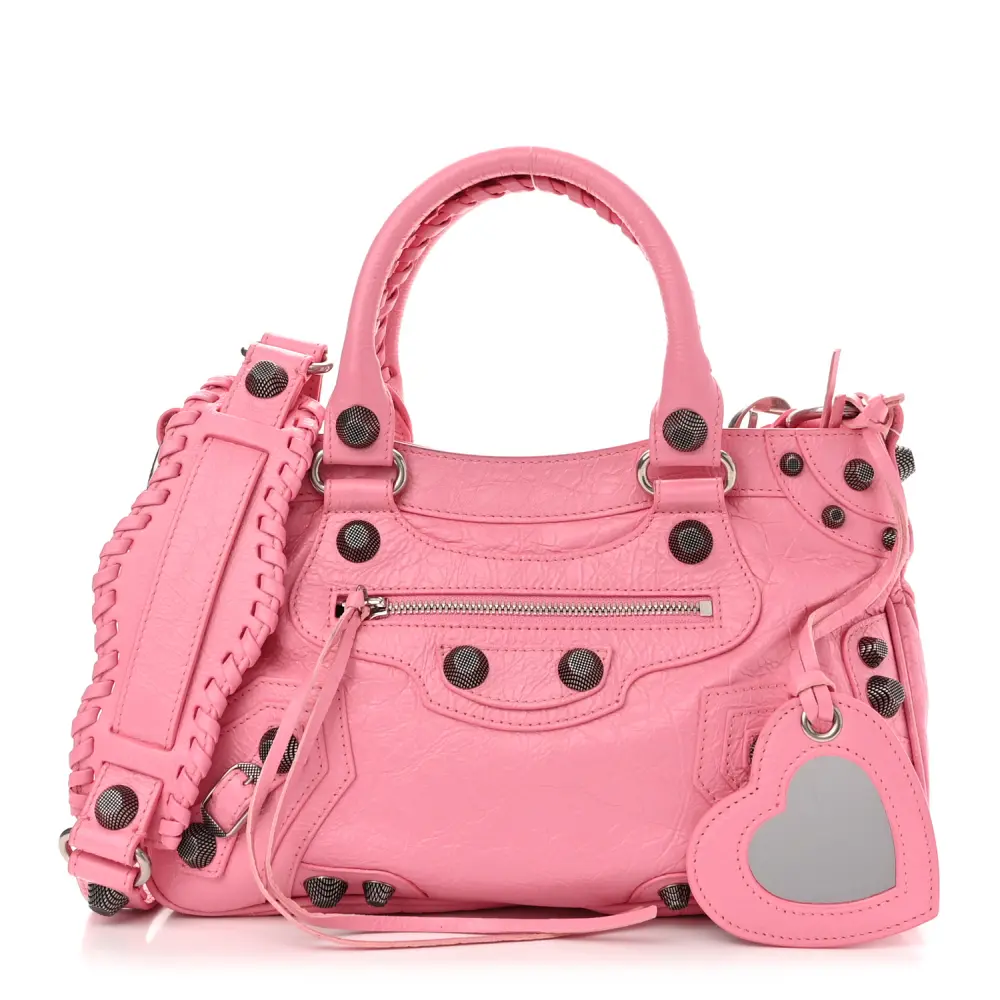 Balenciaga Mini Neo Cagole Bolsa de Ombro Candy Pink Couro Agneau Arena Hardware Prateado