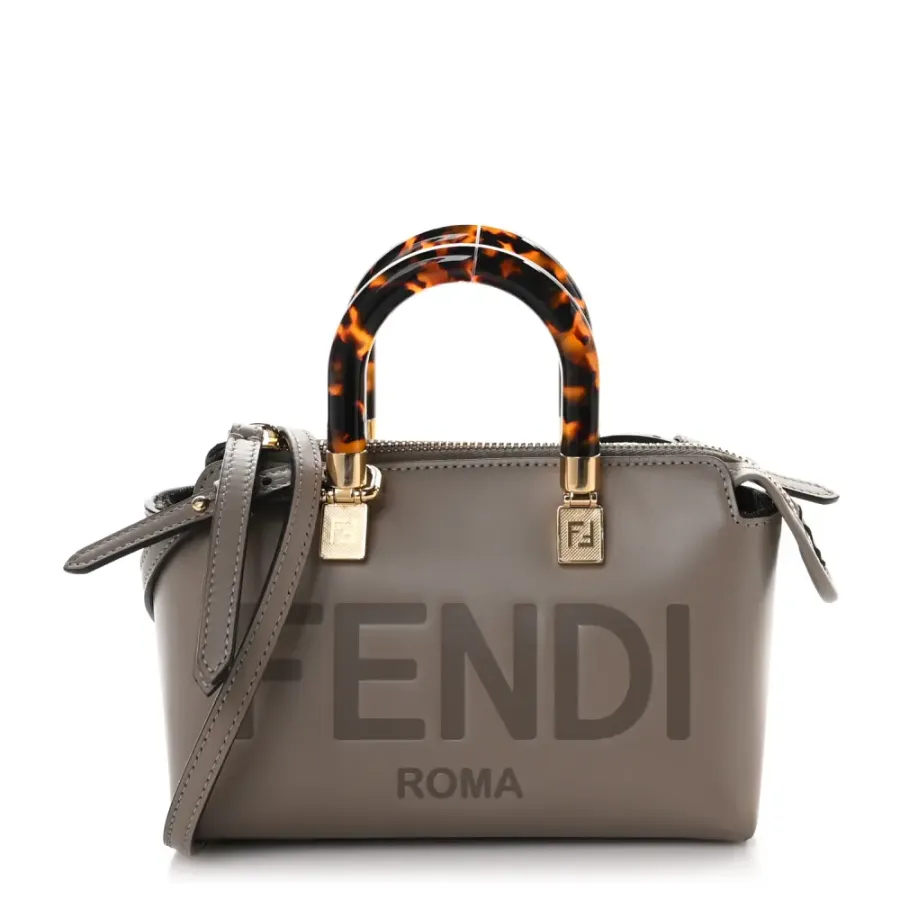 Fendi Mini Logo Embossed By The Way Top Handle Boston Bag Dark Grey King Vitello Leather & Plexiglass Gold Hardware