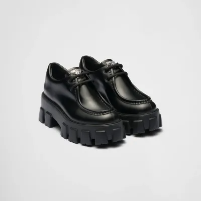 PRADA Black Monolith shiny leather lace-up shoes Loafers