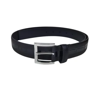 Prada Men' s Square Buckle Belt In Black Embossed Crocodile Calfskin With Silver/Black Hardware 35mm