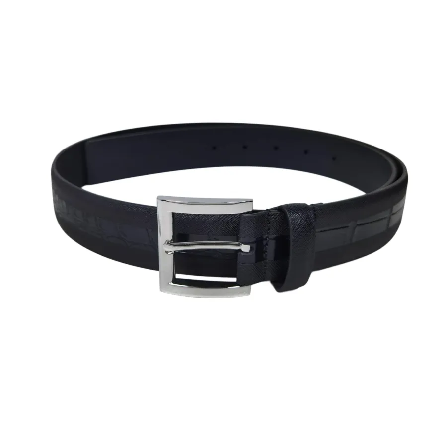 Prada Men' s Square Buckle Belt In Black Embossed Crocodile Calfskin With Silver/Black Hardware 35mm