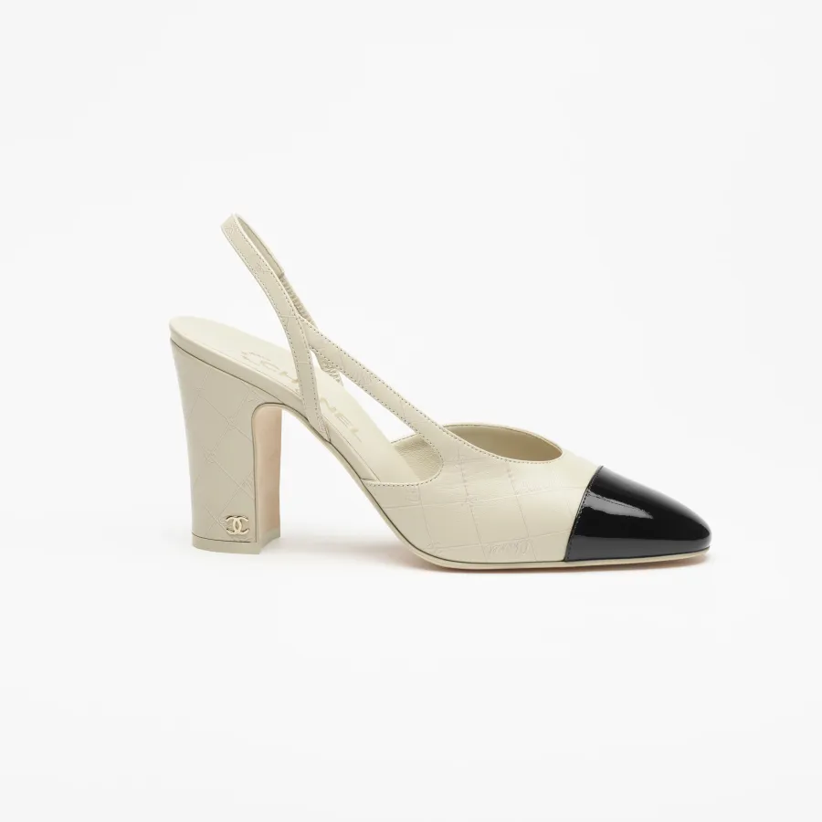 Chanel lambskin, calf patent leather, ivory white and black Rear lace up high heels High Heels Sandal