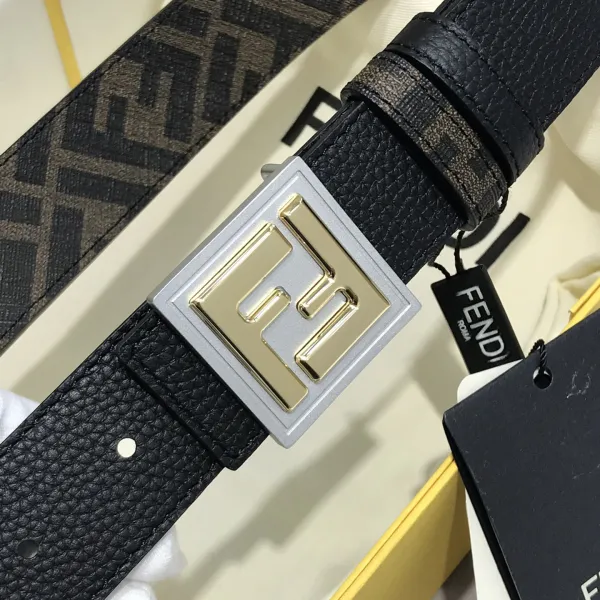 Fendi Men's Square Buckle Belt In Black/Brown Grained Calfskin And Monogram Canvas With Gold/Silver Hardware 35mm - Image 2