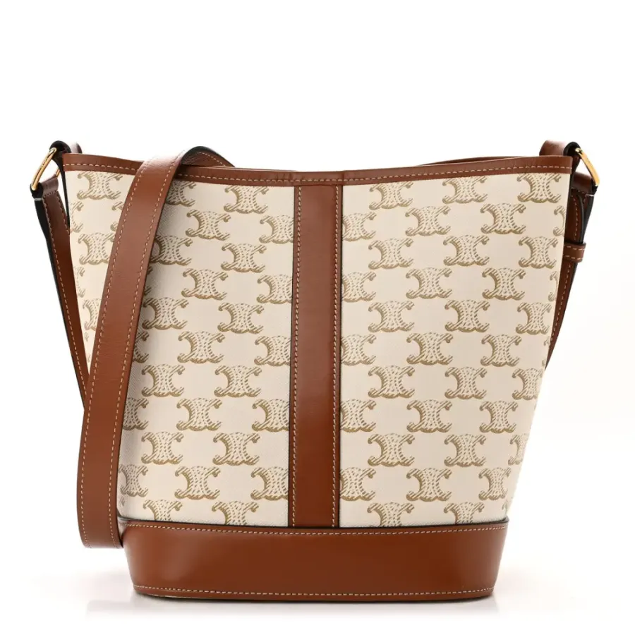 Celine Small Bucket Bag White Triomphe Canvas & Calfskin Leather Gold Hardware