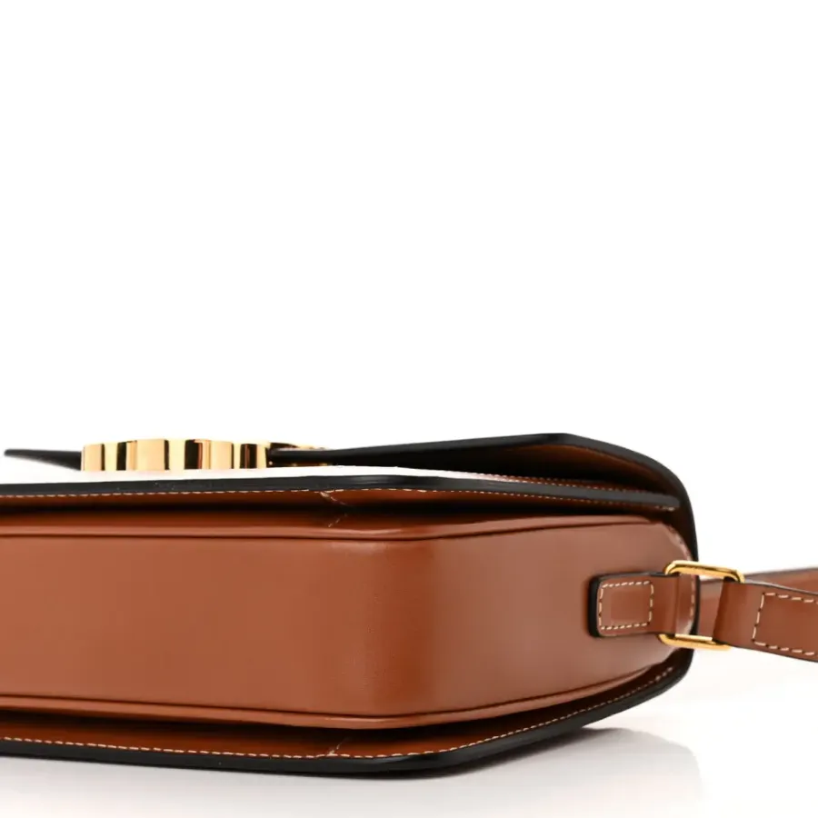 Celine Small Teen Triomphe Bag Tan Calfskin Leather & Triomphe Canvas Gold Hardware