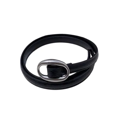 Saint Laurent Oval Buckle Thin Belt In Black Calfskin With Gold/Silver Hardware 15mm