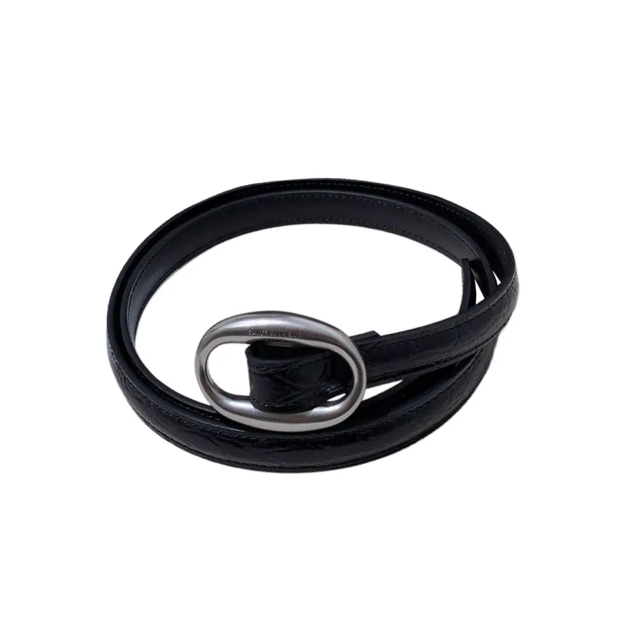 Saint Laurent Oval Buckle Thin Belt In Black Calfskin With Gold/Silver Hardware 15mm