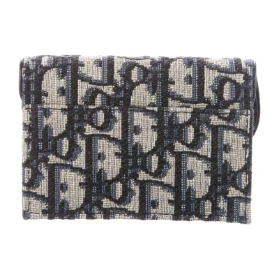 Dior Small Compact Wallet Blue Oblique Jacquard Saddle Card Holder Gold Hardware
