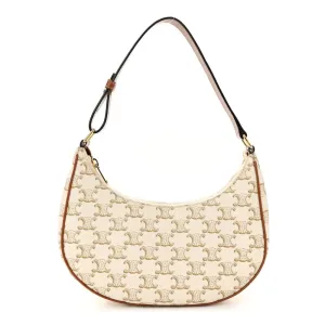 Celine Small Ava Triomphe Shoulder Bag White Canvas & Calfskin Leather Gold Hardware $430