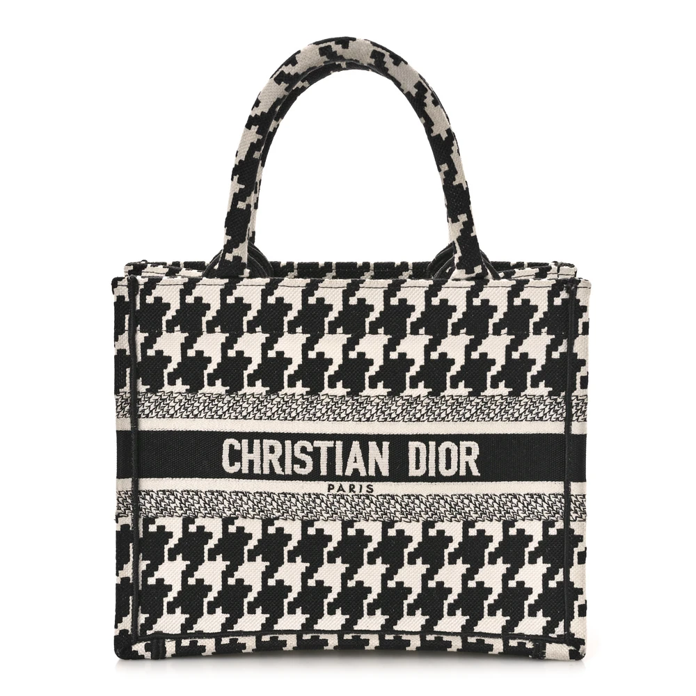 Dior Small Book Tote Preto/Branco em Tela Bordada Xadrez