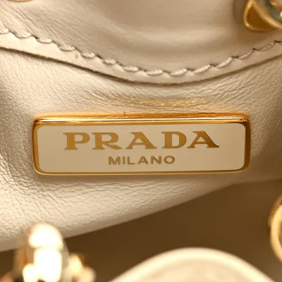 Prada Mini Metal Triangle Logo Drawcord Pouch Shoulder Bag Avorio Vernice Leather Gold Hardware
