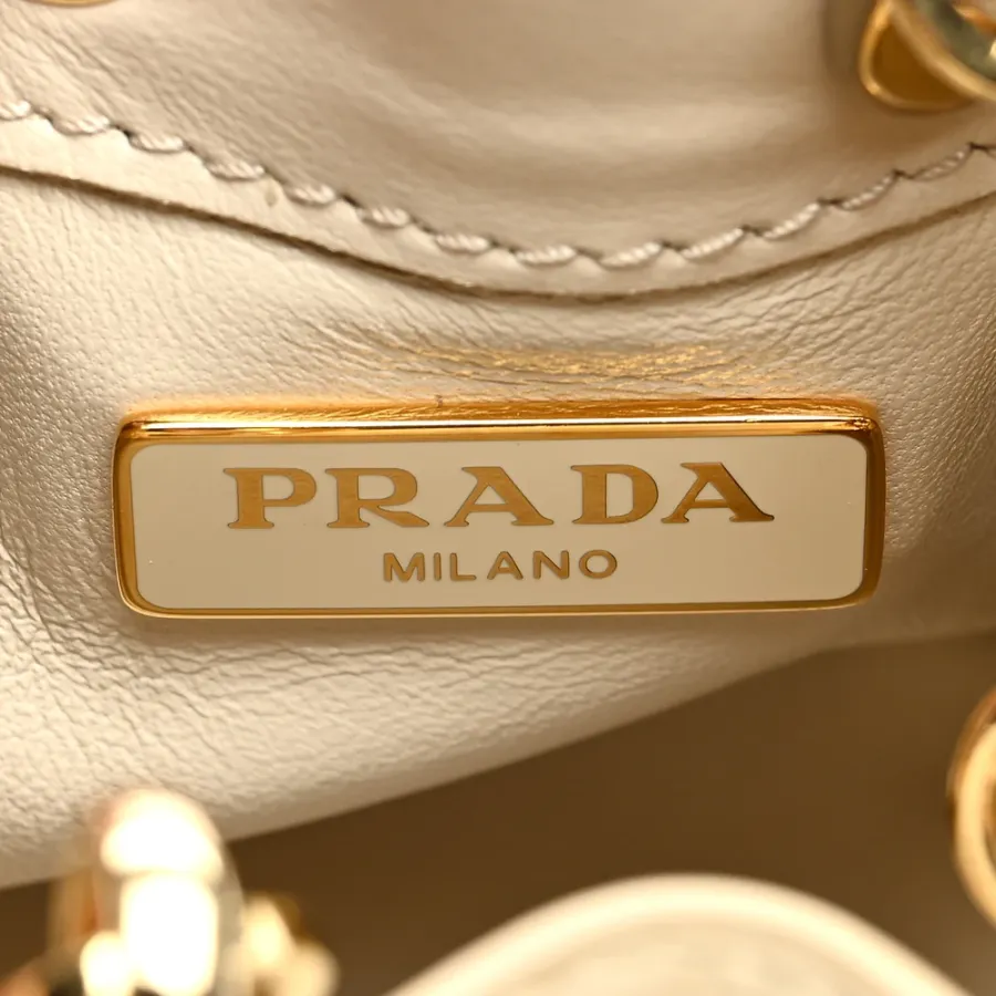 Prada Mini Metal Triangle Logo Drawcord Pouch Shoulder Bag Avorio Vernice Leather Gold Hardware