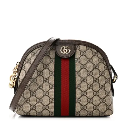 Gucci Small Ophidia Dome Shoulder Bag Beige / Ebony / New Acero GG Supreme Monogram Canvas & Textured Dollar Calfskin Leather Gold