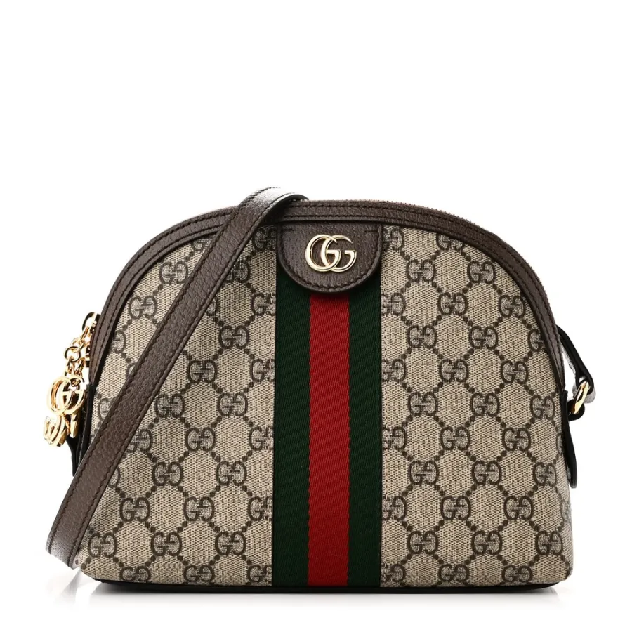 Gucci Small Ophidia Dome Shoulder Bag Beige / Ebony / New Acero GG Supreme Monogram Canvas & Textured Dollar Calfskin Leather Gold