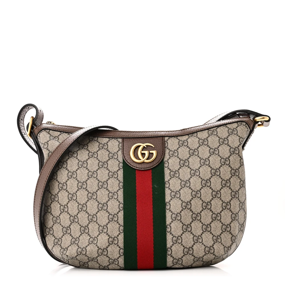 Gucci Small Web Ophidia Half Moon Hobo Brown GG Supreme Monogram Canvas Gold Hardware