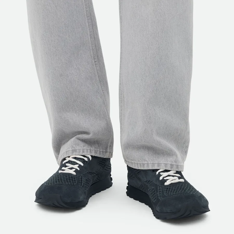 Bottega Veneta Orbit Flash Sneakers In Dark Blue Weathered Suede Leather And Mesh Lace-Up Sneaker