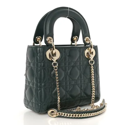 Dior Mini Lady Dior Dark Green Cannage Lambskin Leather Light Gold Hardware