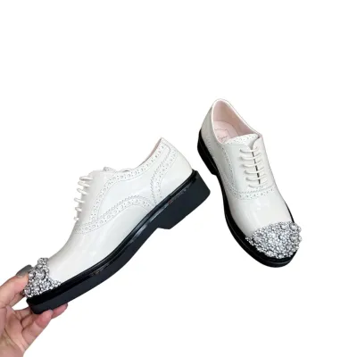 Roger Vivier Viv' Rangers Lace-Ups Loafers In White/Red Leather With Crystal Flowers