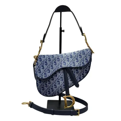 Dior Medium Saddle Bag With Strap Blue Denim Dior Oblique Jacquard/Powder Pink/Stone Gray/Cedar Green/Blue Grained Calfskin Gold Hardware