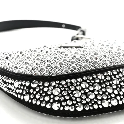 Prada Medium Cleo Adjustable Strap Shoulder Bag Metal Satin & Crystal Silver Hardware