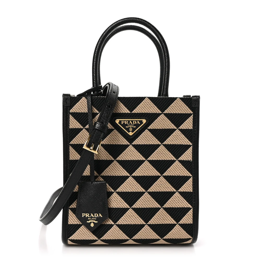 Prada Mini Triangolo Symbole Bordado Tote Bag Preto/Corda Jacquard Couro Saffiano Hardware Dourado