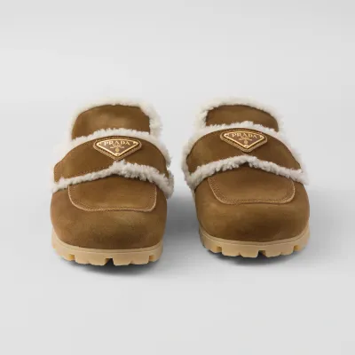 PRADA Cinnamon suede and sheepskin slippers
