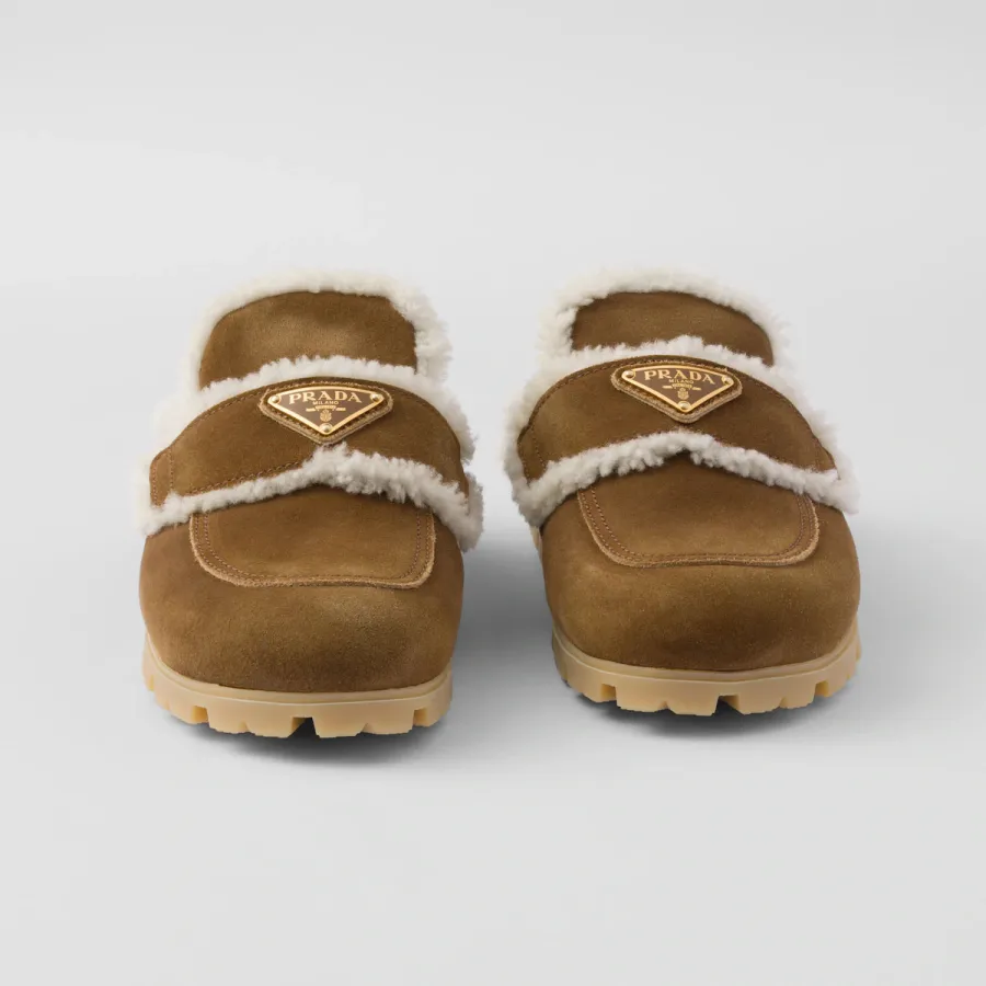 PRADA Cinnamon suede and sheepskin slippers