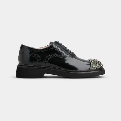 Roger Vivier Viv' Rangers Lace-Ups Loafers In Black Leather With Crystal Flowers