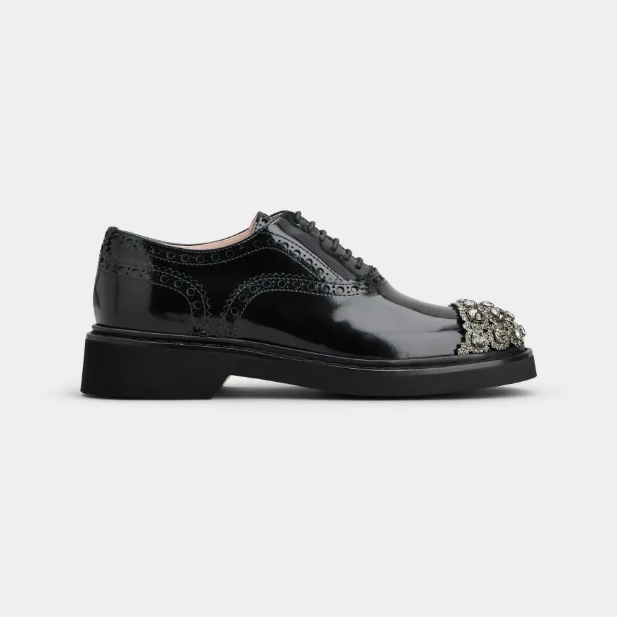 Roger Vivier Viv' Rangers Lace-Ups Loafers In Black Leather With Crystal Flowers