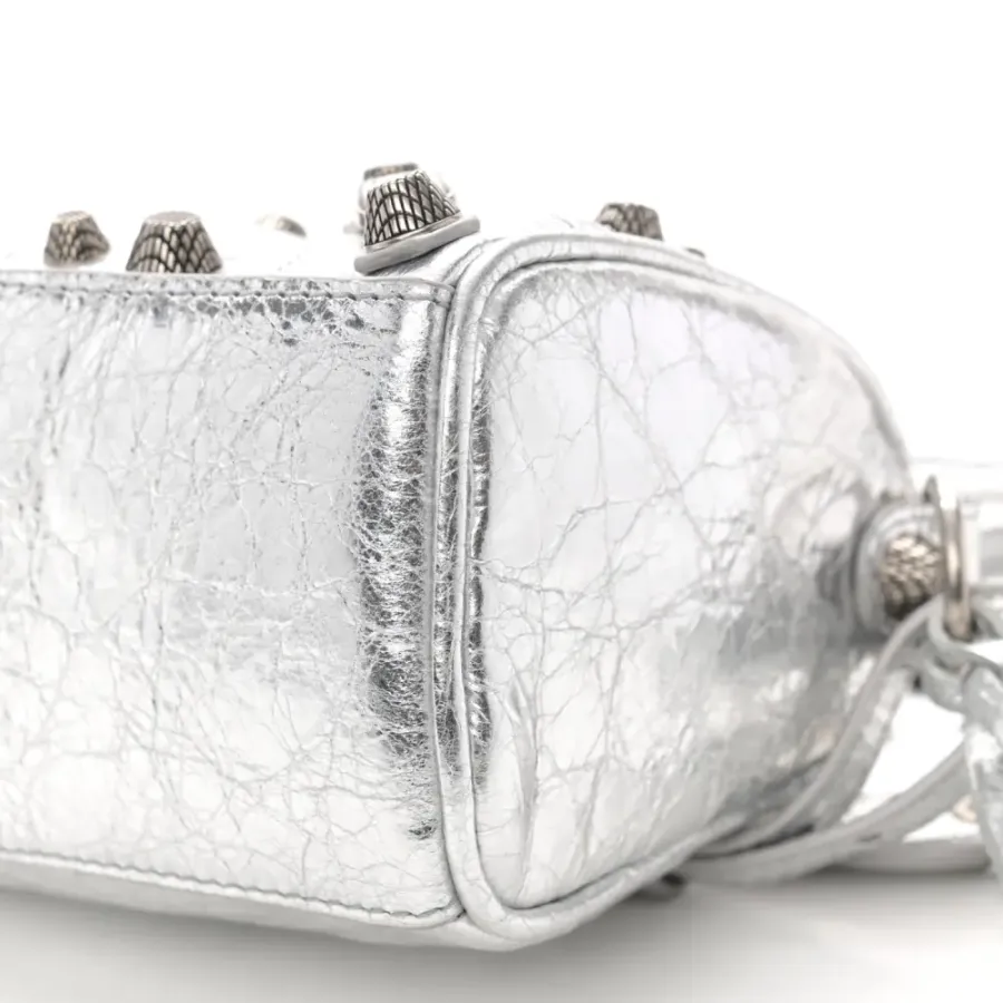 Balenciaga Crystal Neo Nano Cagole Handbag Silver Agneau Arena Leather Silver Hardware