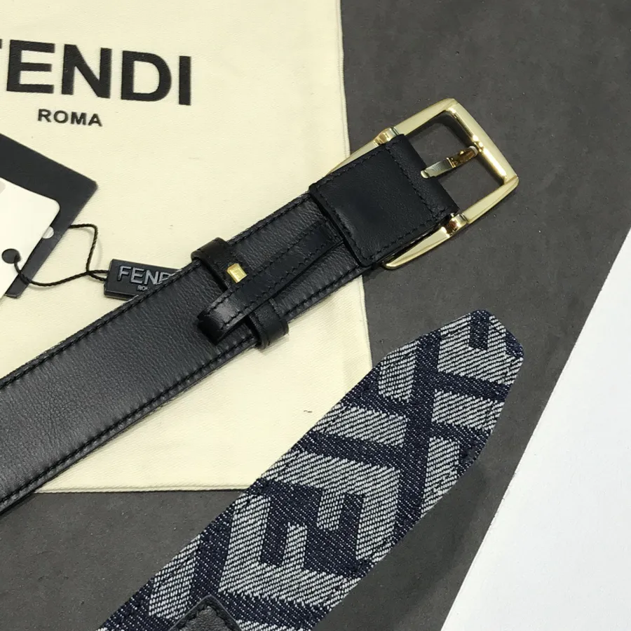 Fendi Men's Rectangle Buckle Belt In Blue Denim FF Monogram With Gold/Silver Hardware 35mm