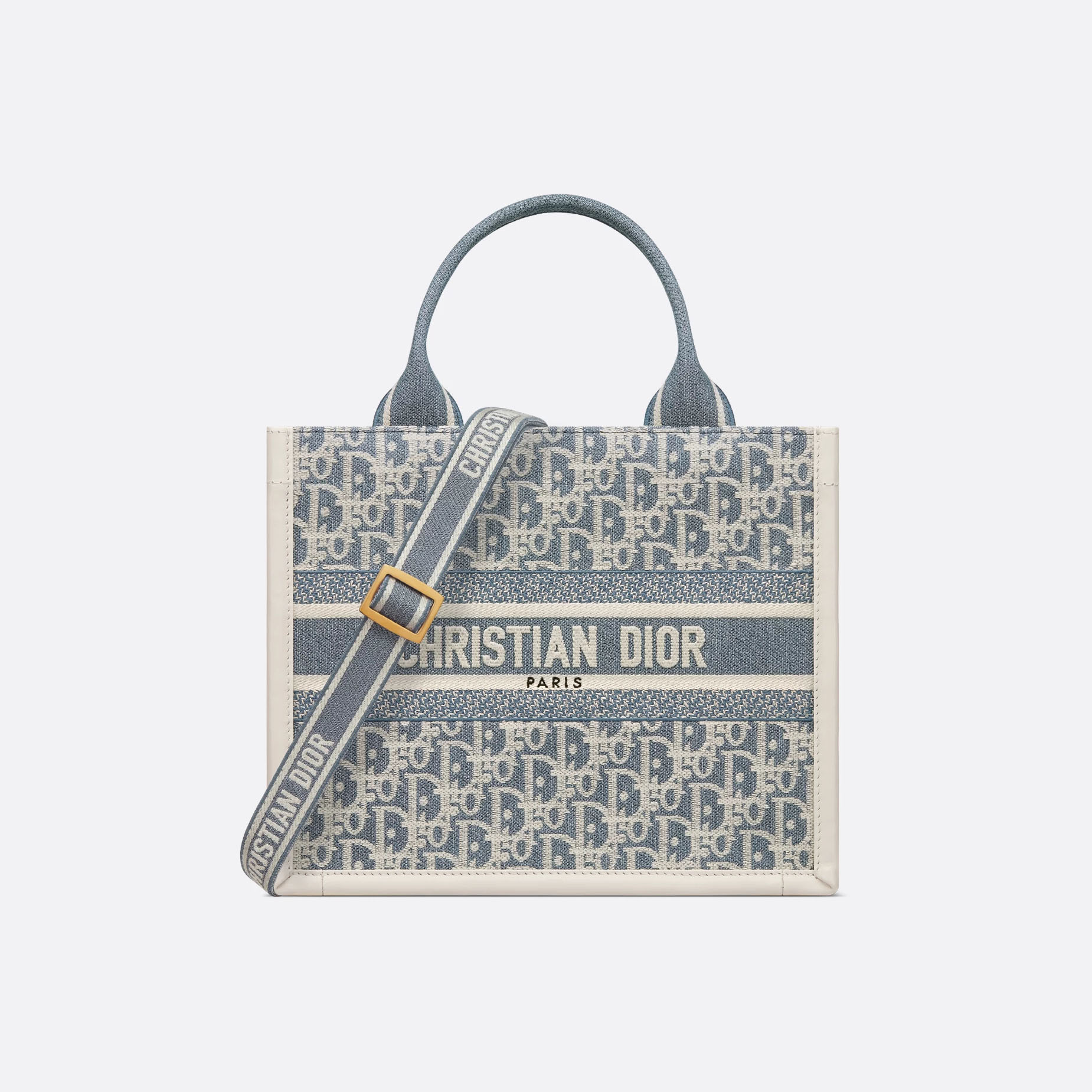 Dior Small Dior Book Tote Em Azul Dior Oblique Chambray Efeito Bordado Em Canvas e Pele de Bezerro Hardware Dourado