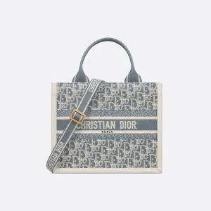 Dior Small Dior Book Tote In Blue Dior Oblique Chambray-Effect Embroidery Canvas and Calfskin Gold Hardware